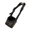 Breathable mesh dog muzzle with nylon straps, plastic fittings, and metal, shown in black, red, green, or pink, sizes XS to XXL