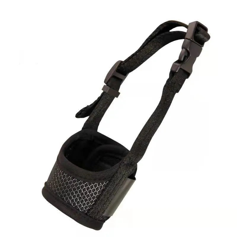 Breathable mesh dog muzzle with nylon straps, plastic fittings, and metal, shown in black, red, green, or pink, sizes XS to XXL