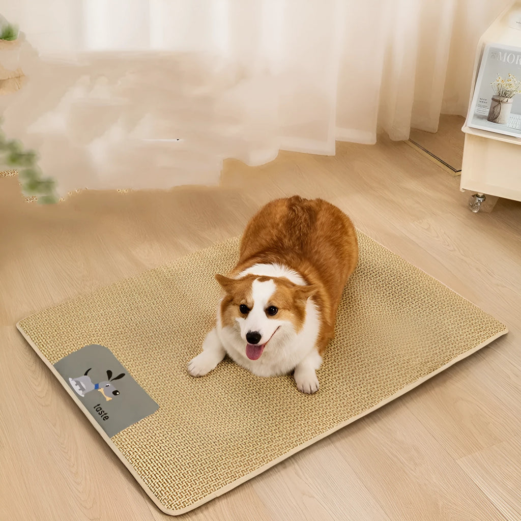 Beige woven pet cooling mat for cats and dogs, size M (75x55cm), laid on a wooden floor