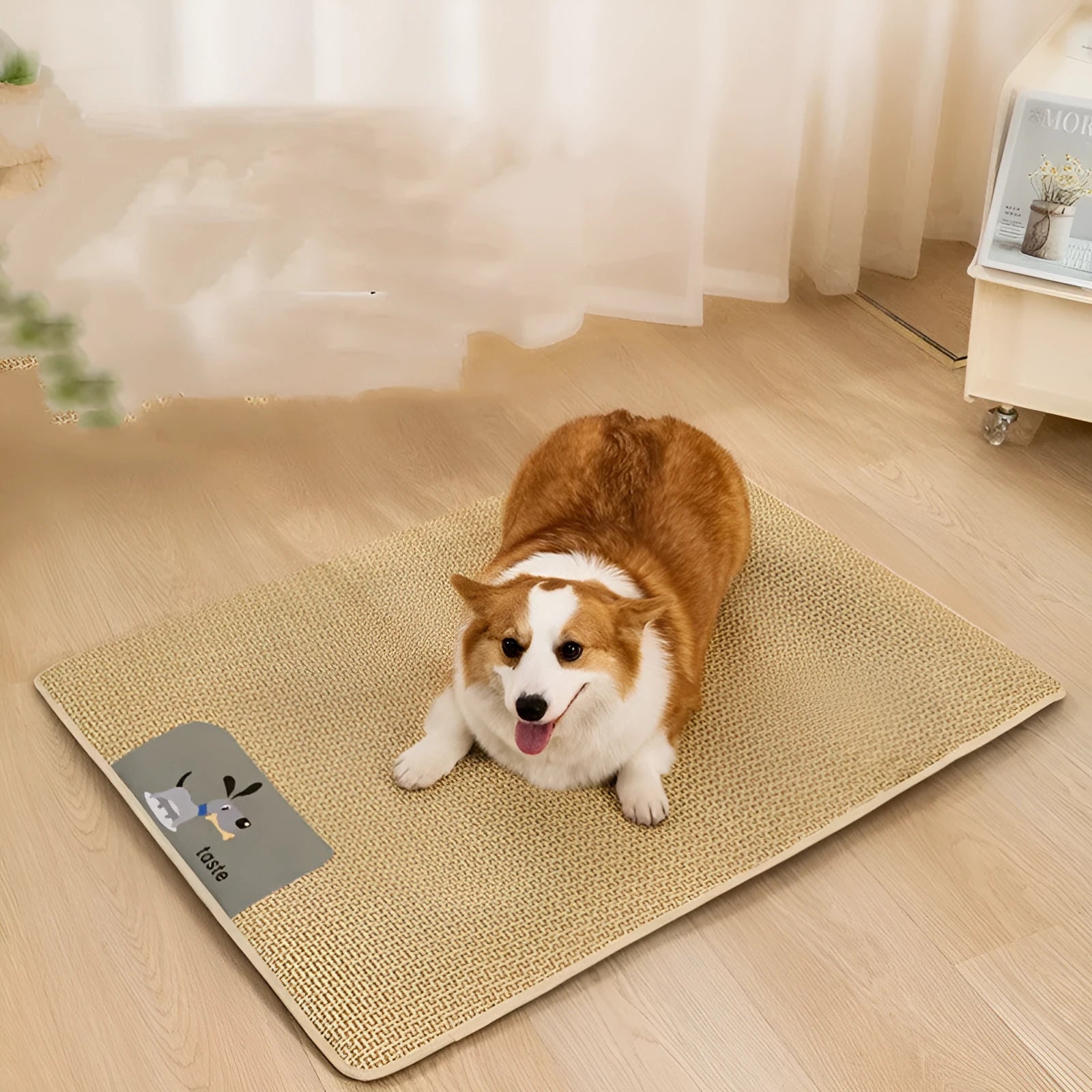 Beige woven pet cooling mat for cats and dogs, size M (75x55cm), laid on a wooden floor