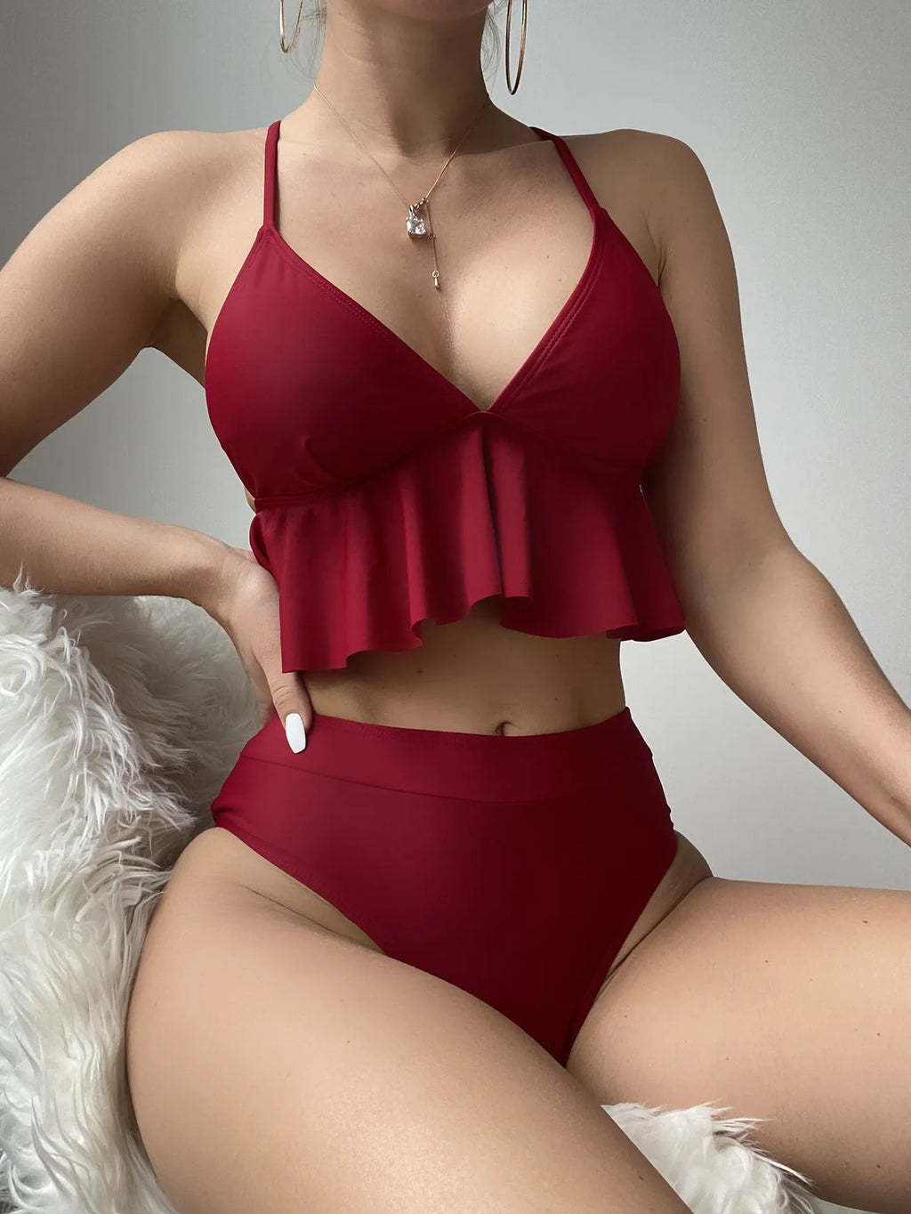 Women's solid colour split bikini swimsuit in black, army green, brick red, or blue