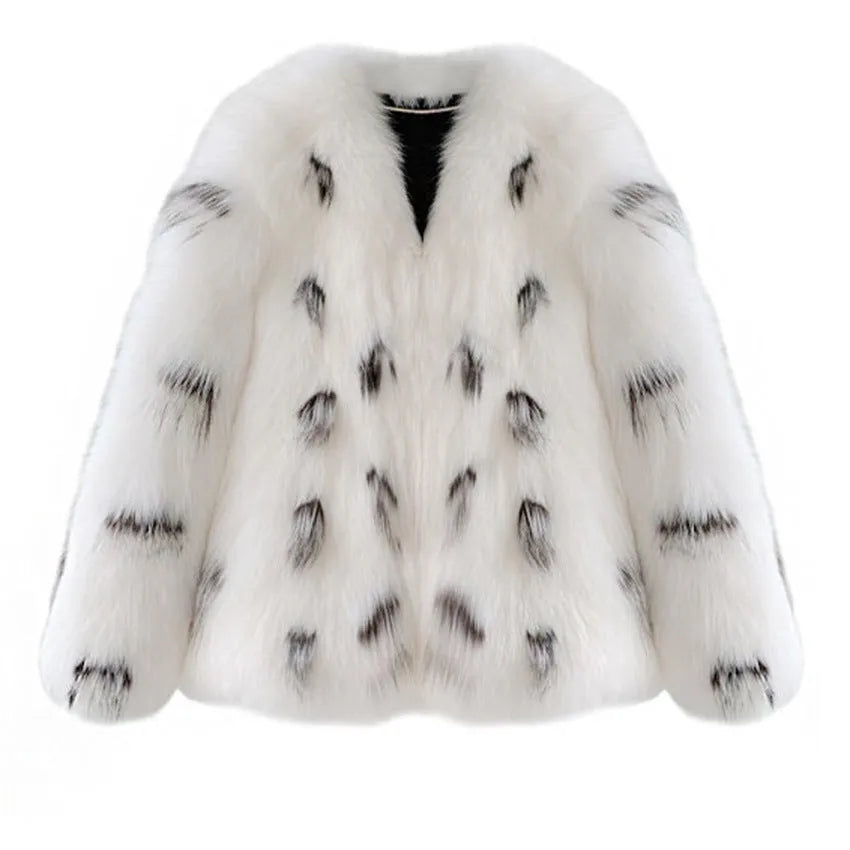 Women's black and white raccoon pattern faux fur coat in a Korean slim fit.