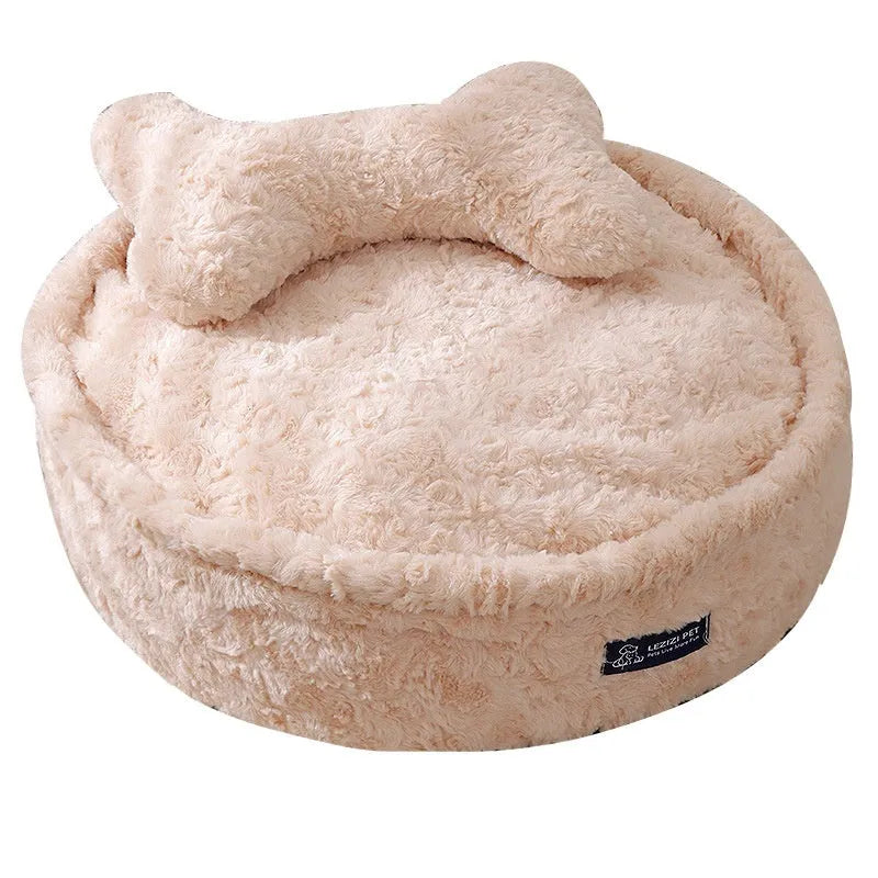 Round milk tea coloured pet bed with a removable cloth cover, shown in size L.