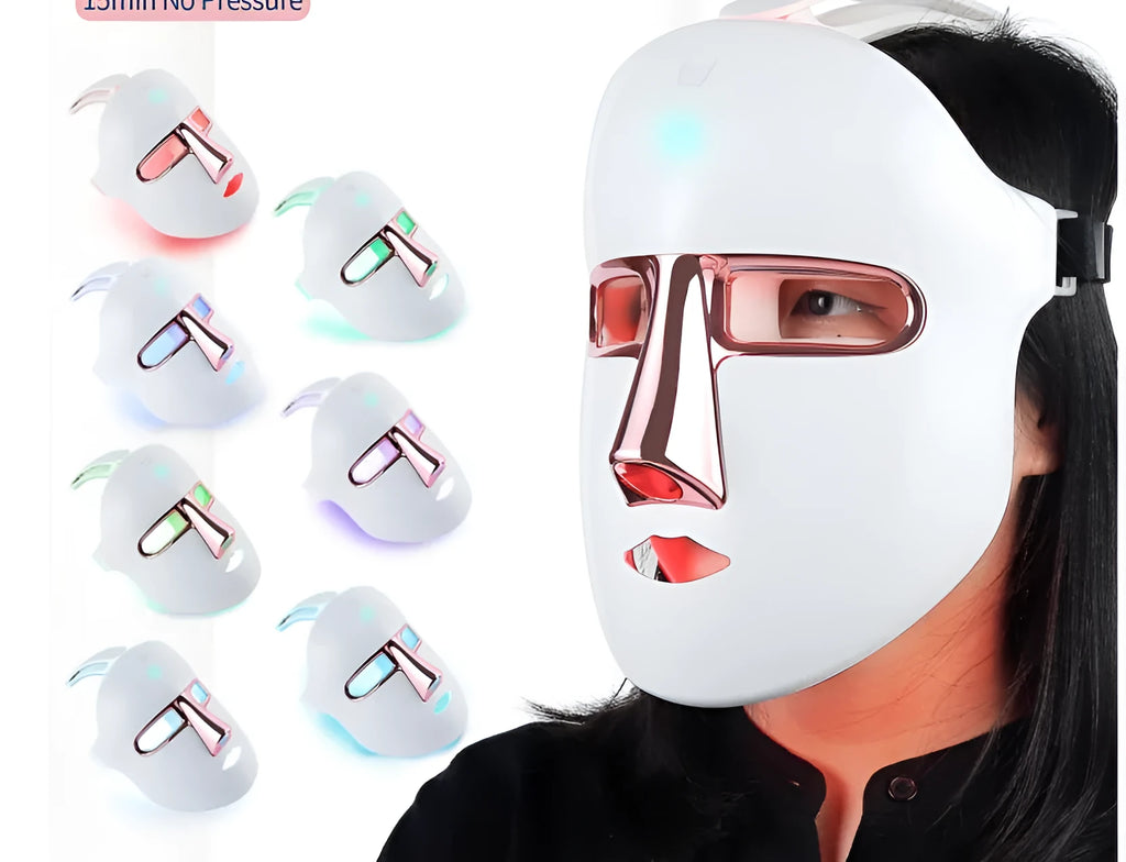 Rose gold or gold LED face mask with seven colour light modes and positive ion function, USB powered, with elastic band.