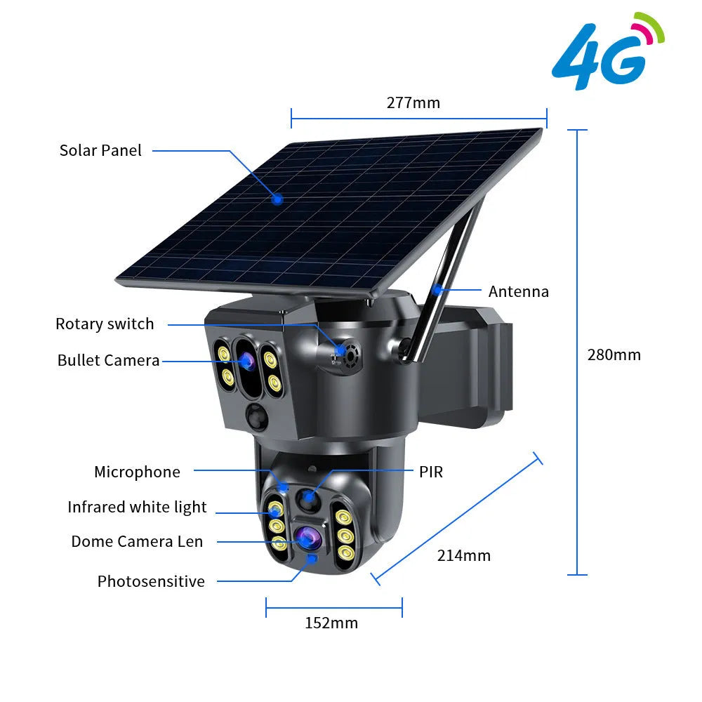 Solar security camera with dual lenses mounted on wall bracket showing dimensions 165x140x165mm