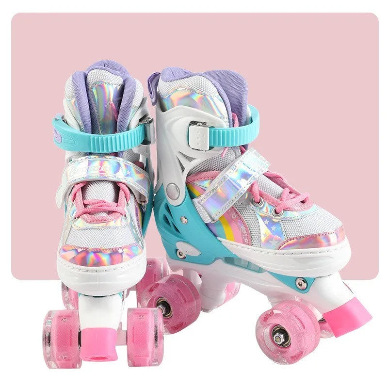 Children's double row four wheel full flash roller skates rainbow blue side view with lit wheels