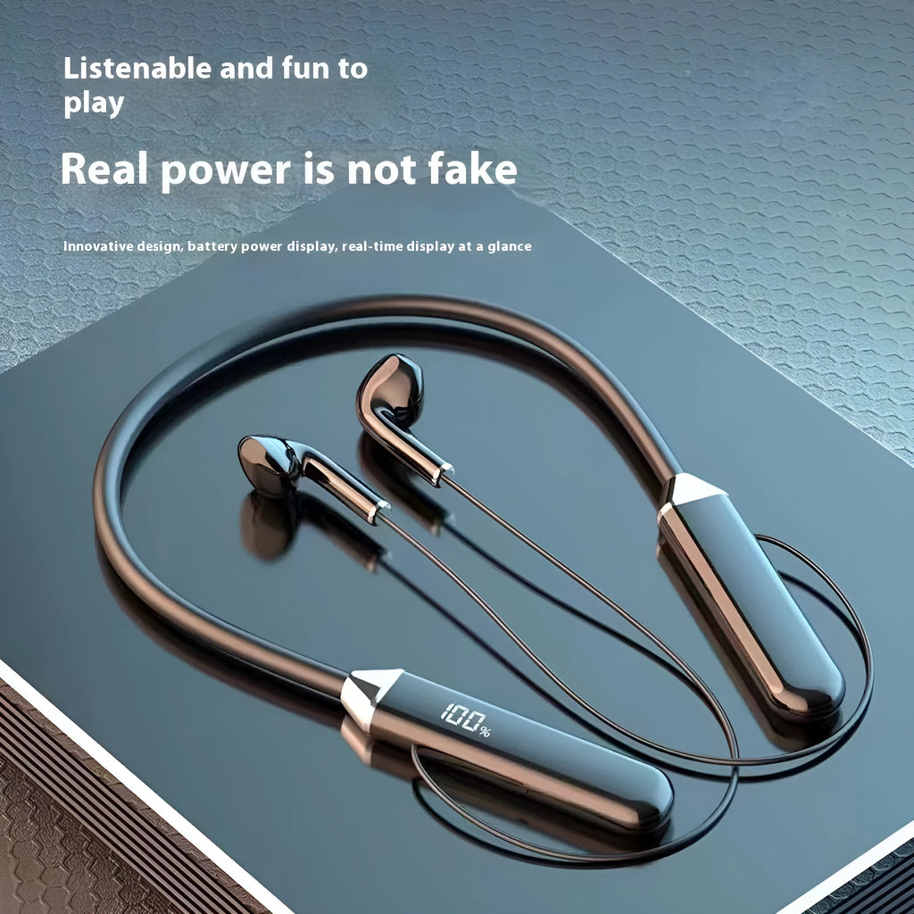 Neck hanging Bluetooth earphone in-ear sports headset with PC ABS build, digital display, and 10m range