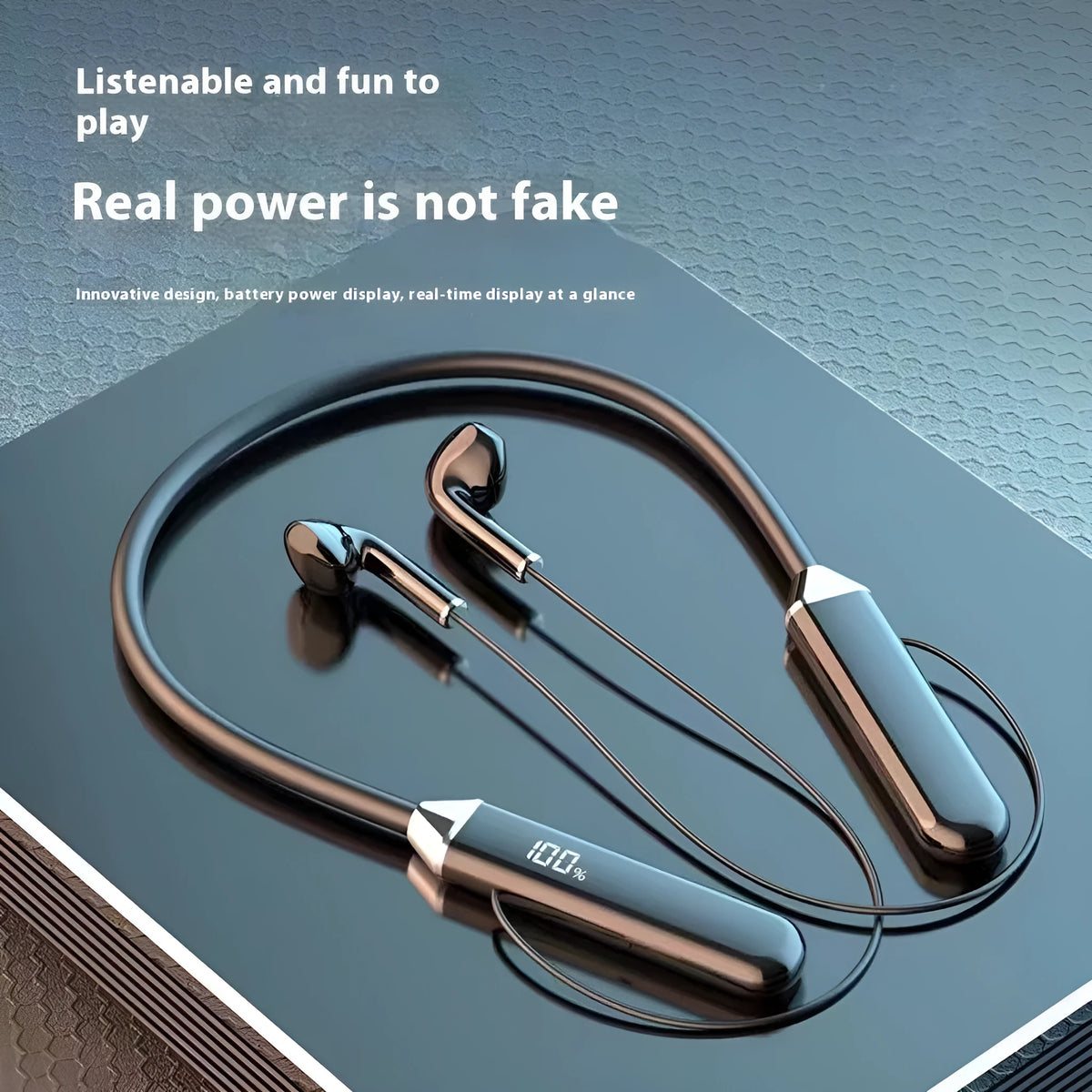 Neck hanging Bluetooth earphone in-ear sports headset with PC ABS build, digital display, and 10m range
