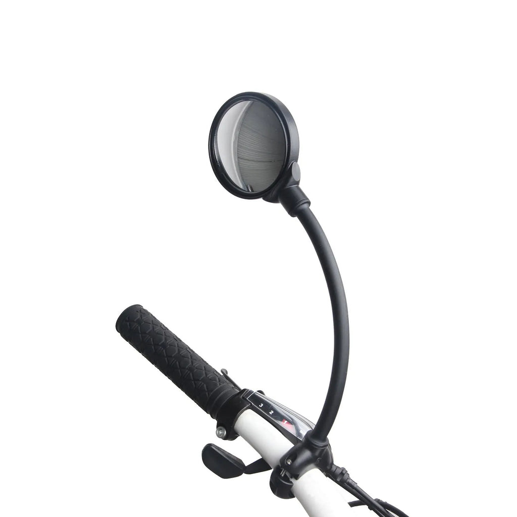 Black metal bicycle rearview mirror with adjustable hose-clamp mount and integrated reflector