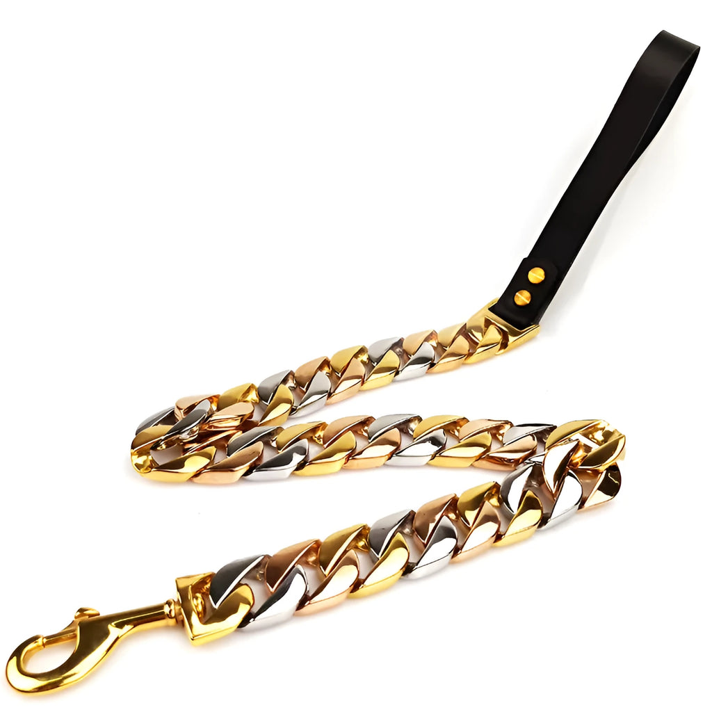 Stainless steel dog leash with golden buckle ends, shown in gold, rose gold, and steel colour, 60cm to 120cm.