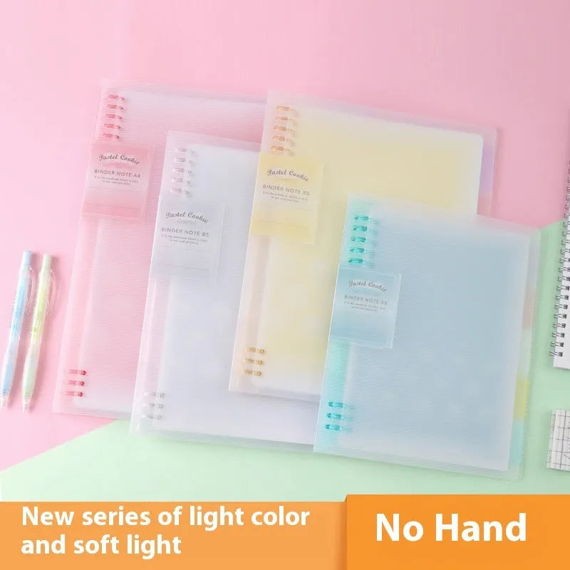 Loose spiral notebook with PP cover in pastel colour, showing removable A5 or B5 refill pages.