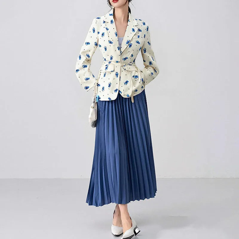 Polyester suit jacket with an adjustable lace-up collar at the waist, shown in a floral print colour option.