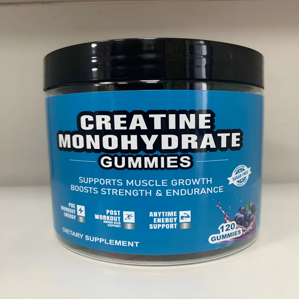 Bottle of raspberry-flavoured creatine monohydrate supplement gummies containing 120 tablets.