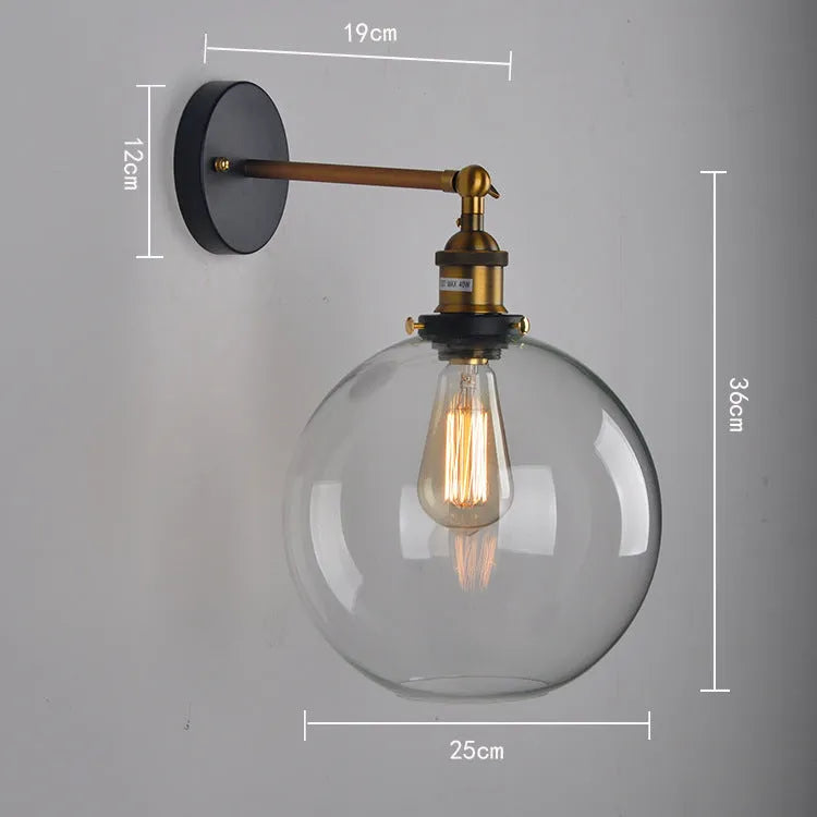 Round retro glass ball wall lamp in amber colour, 20cm diameter, with aluminium holder.