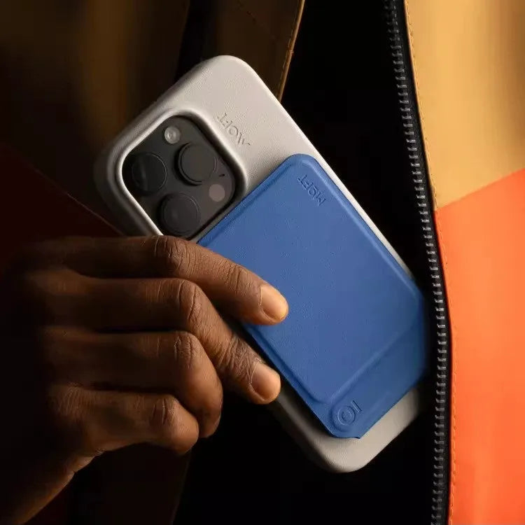Slim black magnetic mobile phone holder and case showing dimensions and leather finish.