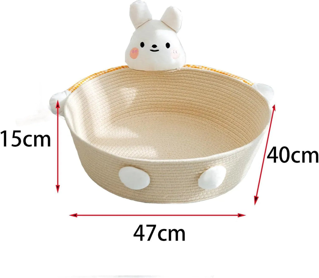 Woven cotton rope cat bed basket with integrated scratching surface in Bear or Rabbit design.