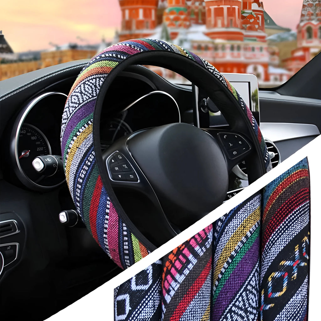 Short plush steering wheel cover in warm material with non-slip backing, 38cm size, colour option shown
