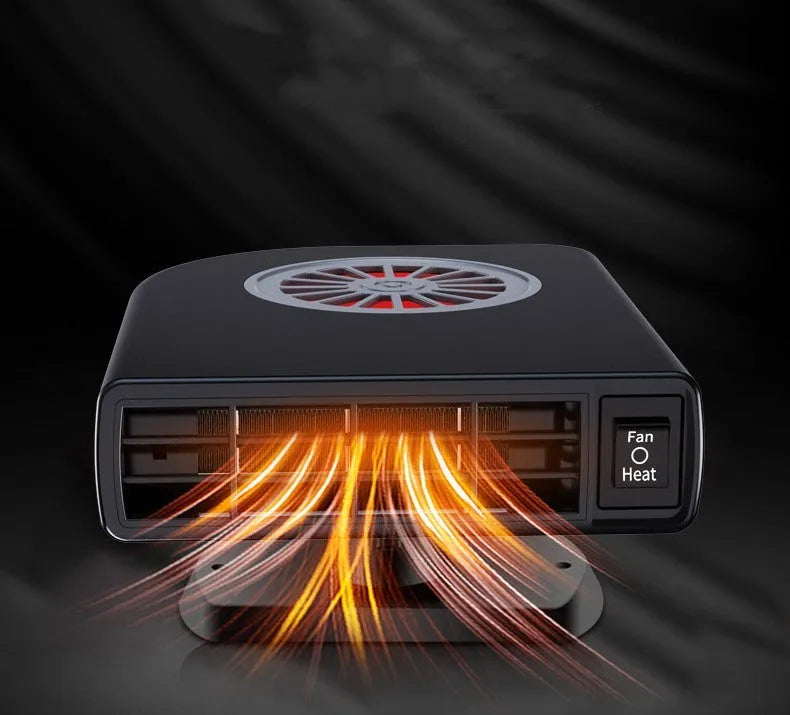 Black 12V vehicle-mounted heater for car defrosting on a dashboard.