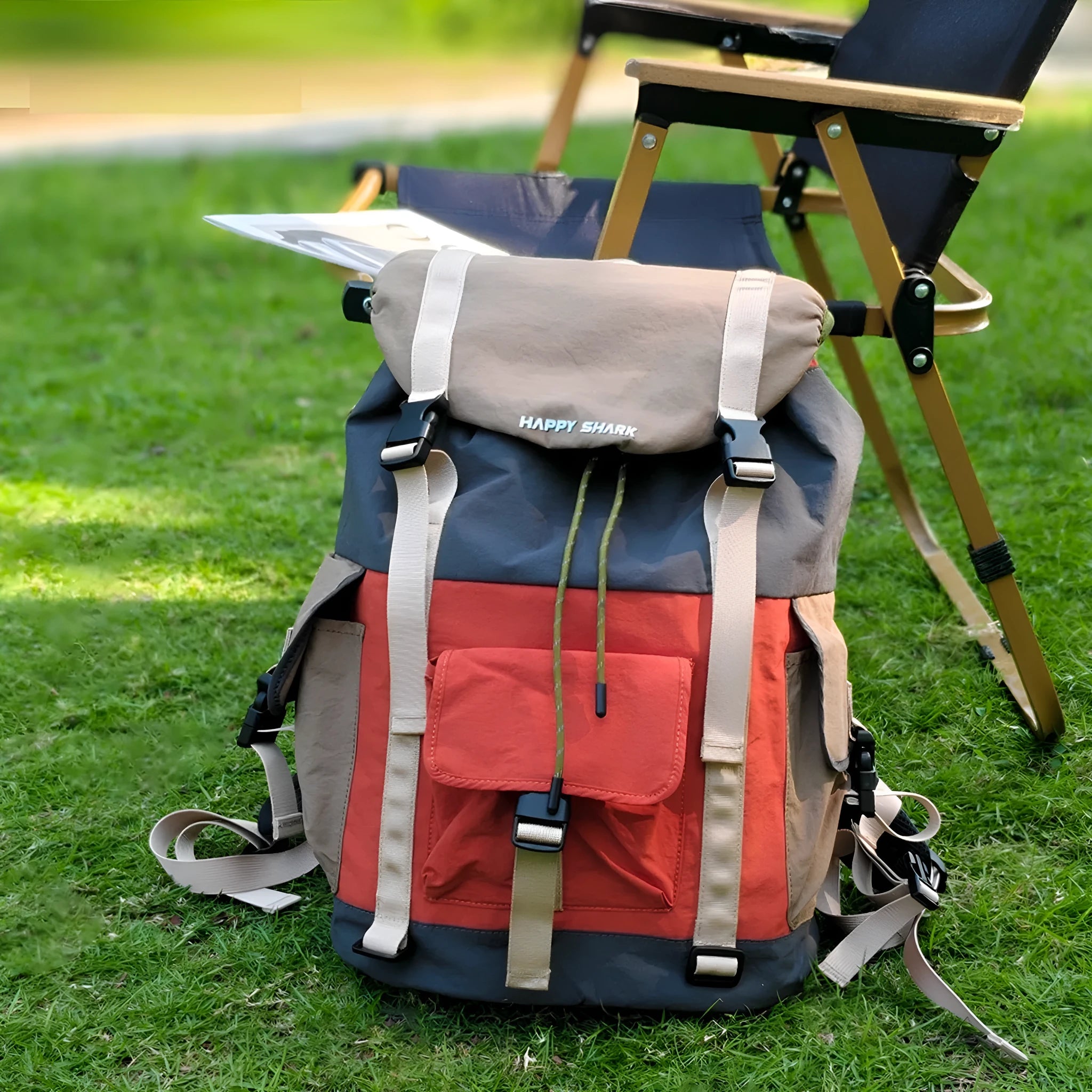 Orange and green contrast colour outdoor backpack with multiple compartments, shown from the side.