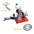 Xiao mowang manual gear grinding machine for sharpening alloy circular saw blades on a workbench.