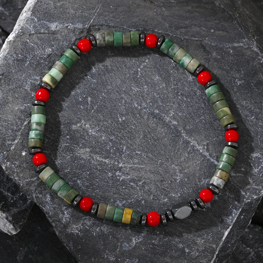 Bohemian style bracelet with cylindrical natural stone beads on an adjustable string for men.