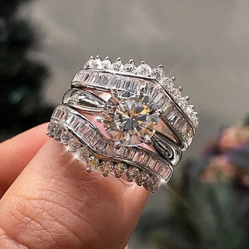 White gold colour geometric crown design ring with zircon inlay from couples three-piece matching set