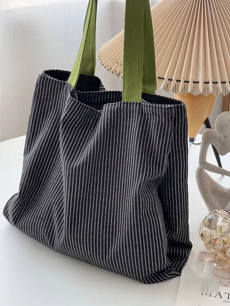 Canvas multi-layer tote shoulder bag in plaid or striped colours with compartments