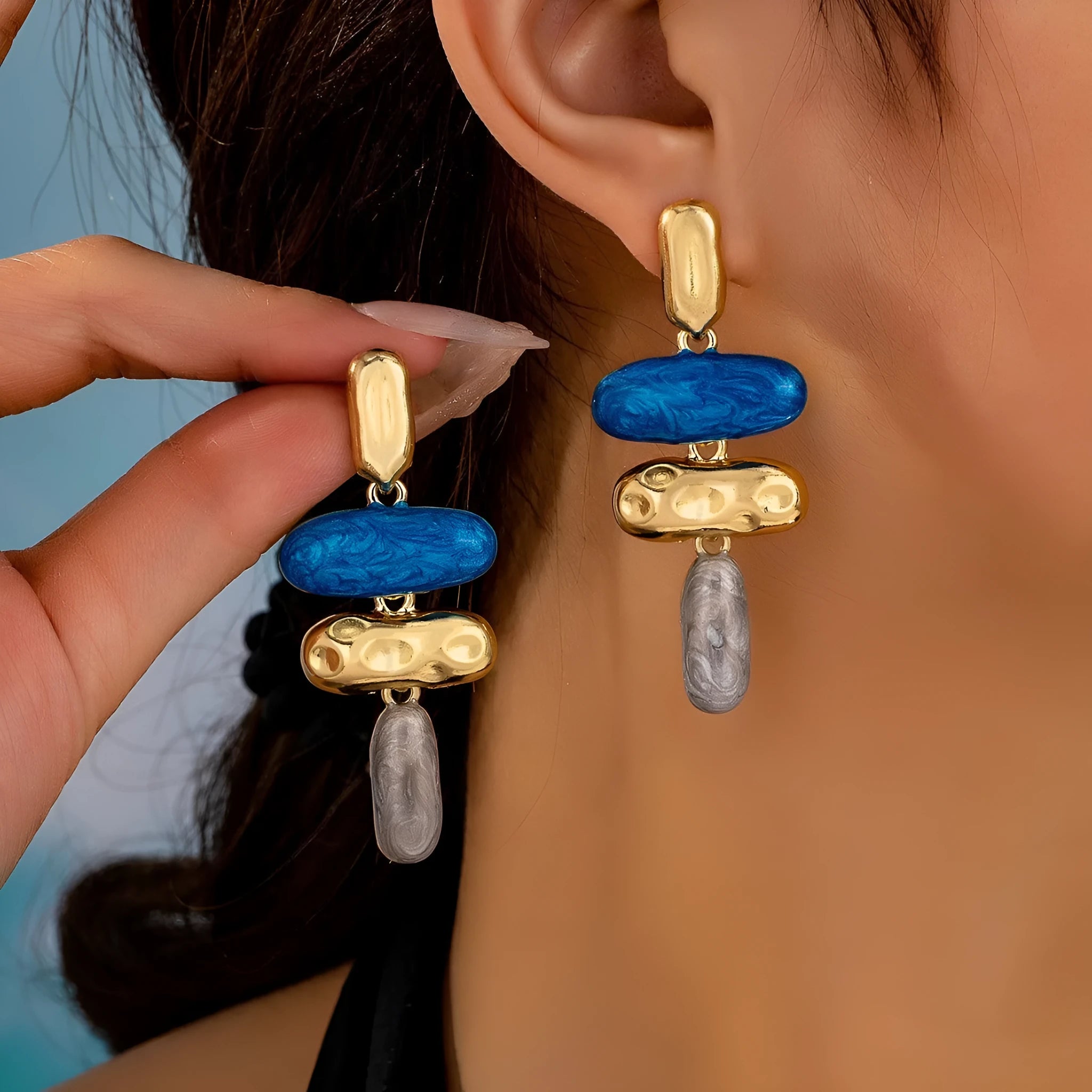 Geometric zinc alloy stud earrings with electroplated finish in multiple colours