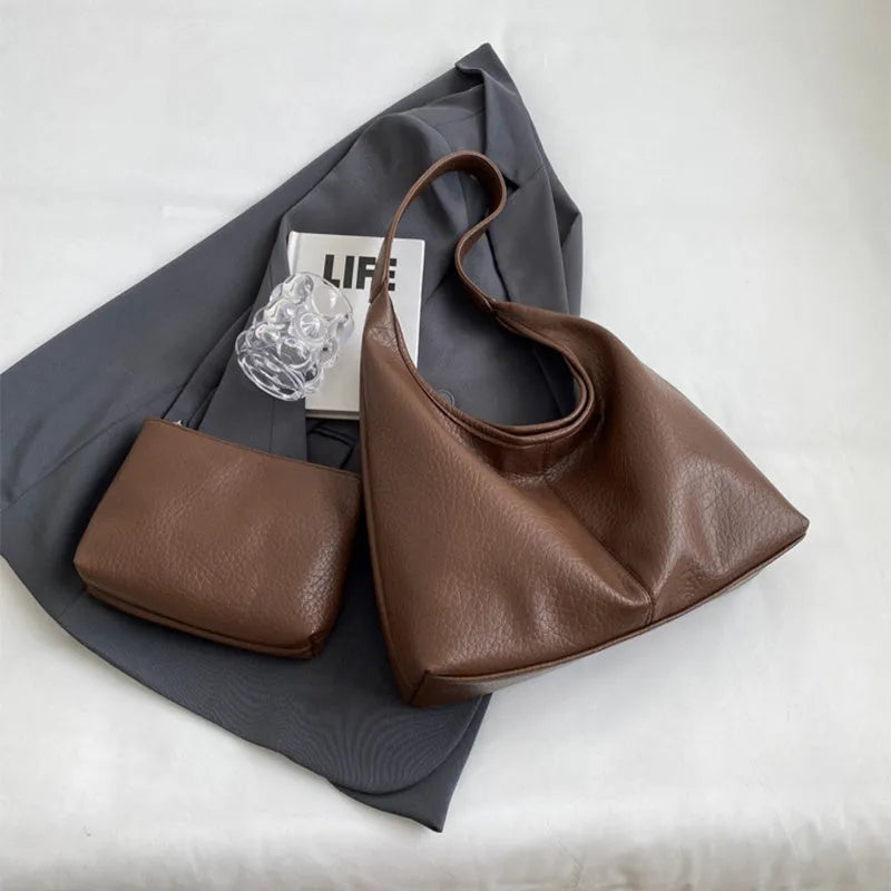 Two women's underarm shoulder bags in beige and brown, with small wallet, soft PU leather, horizontal square shape