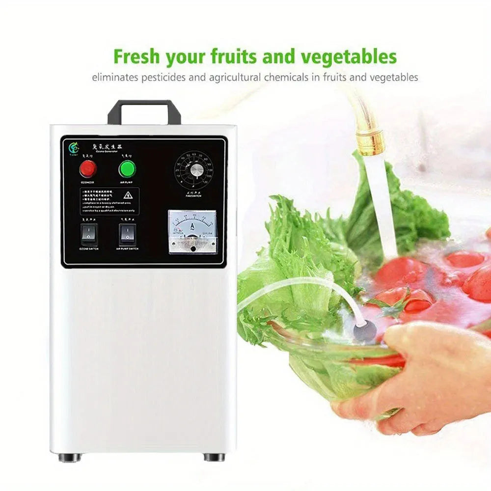 Household ozone generator for fruit and vegetables in stainless steel or white finish.