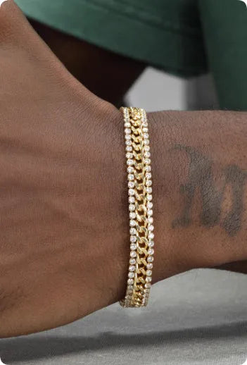 Gold tennis bracelet with artificial gemstone inlay on titanium steel band