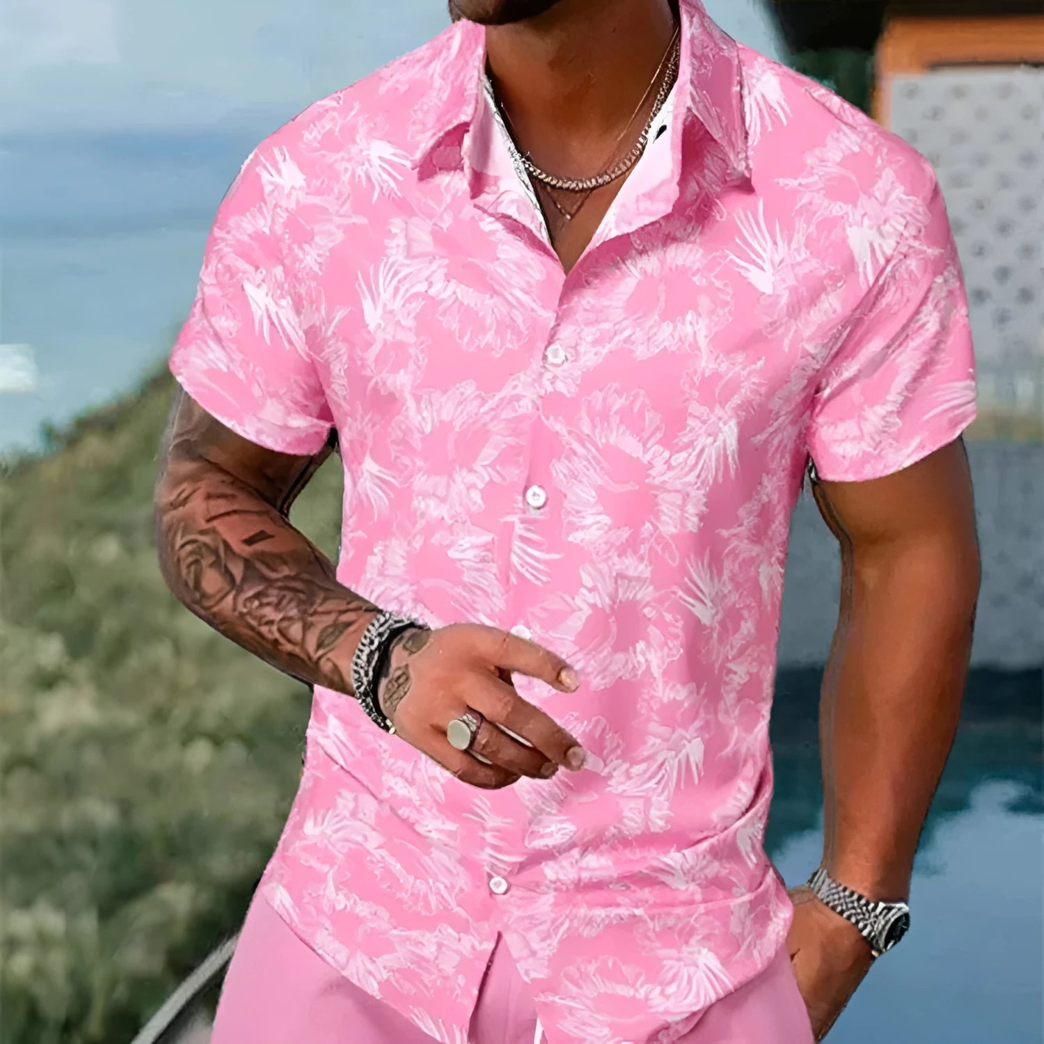 Men's 3D printed lapel slim-fit short sleeve shirt and shorts outfit in polyester fibre, shown in colour option 01, on a model.
