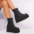 Women's plus size black wedge heel boots with waterproof platform and round toe design