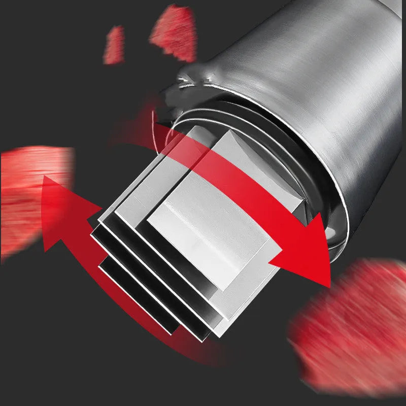 Manual garlic press and onion chopper with stainless steel blades on a kitchen counter.