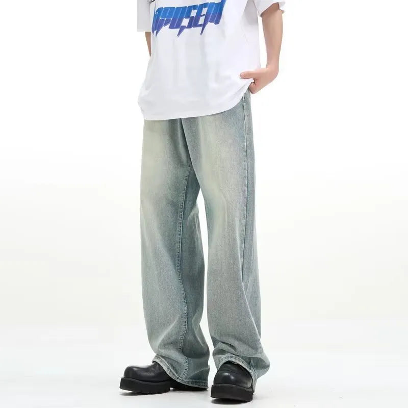 Blue loose-fit retro casual trousers with an elasticated waistband on a neutral background.