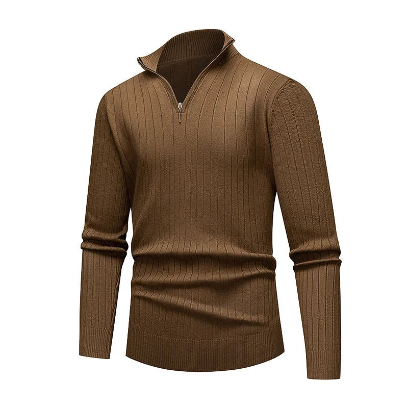Men's half-zip striped knitwear sweater with stand collar and long sleeves in khaki, brown, dark grey, navy blue, or black