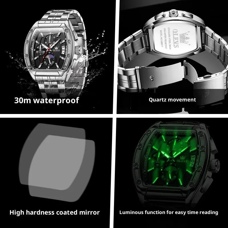 Men's steel belt quartz watch with blue dial, luminous hands, moon phase, and calendar