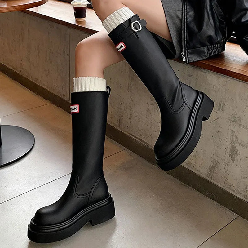 Women's mid heel chunky boots in red, microfiber upper, round toe, thick sole with honeycomb bottom side view