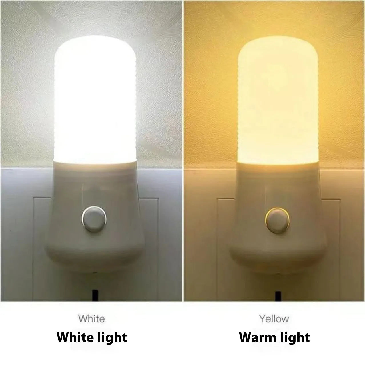 Minimalist white plug-in bedside night light with compact dimensions installed in wall socket