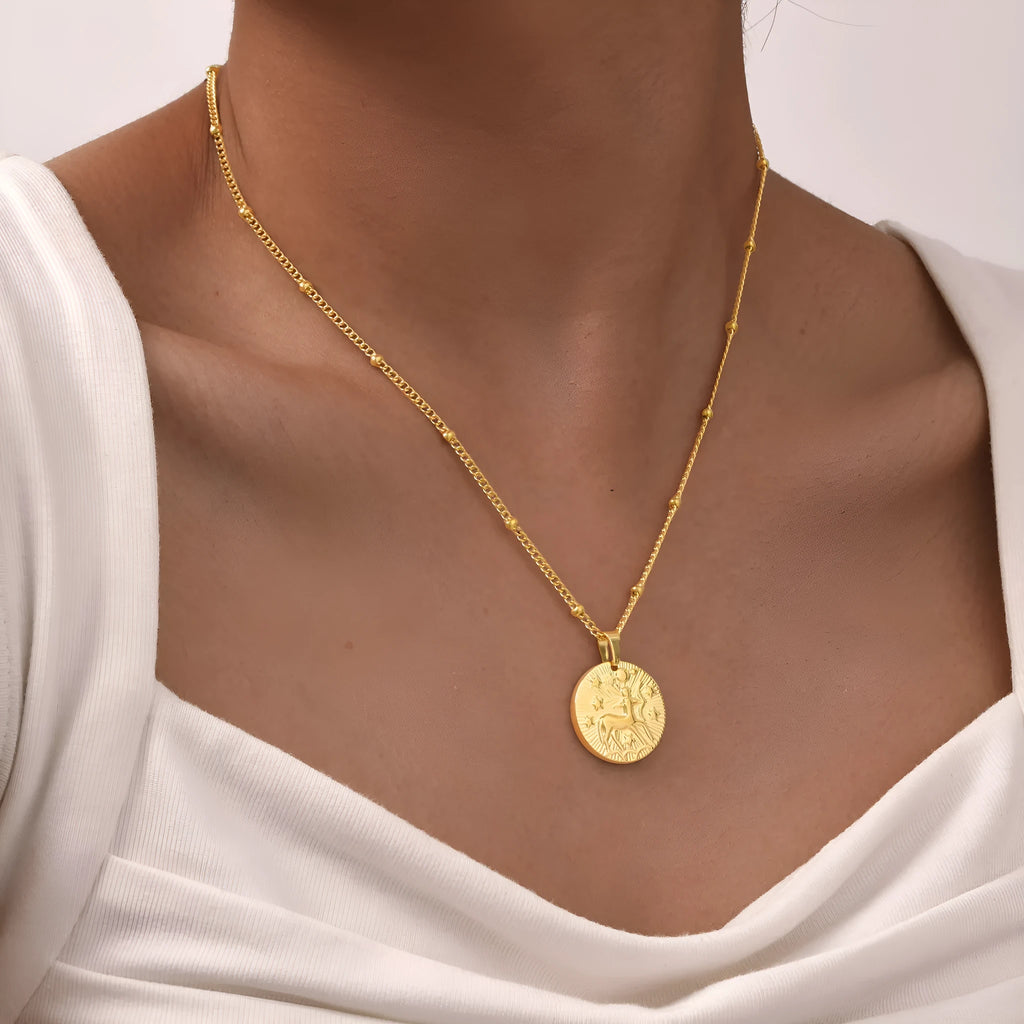 Stainless steel zodiac constellation necklace with round pendant showing embossed star signs on cross chain