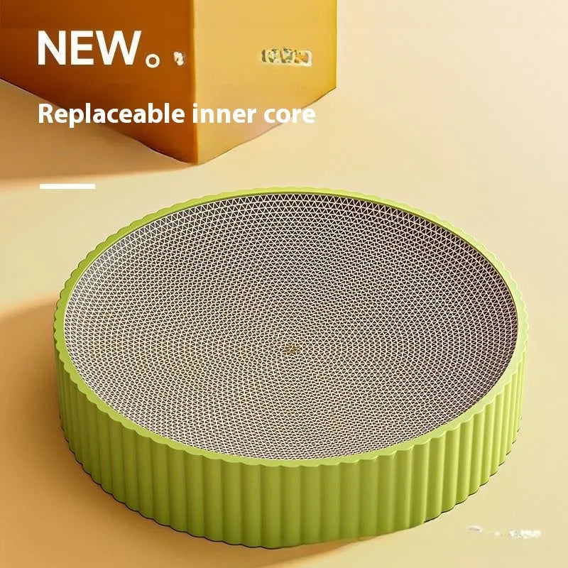 Round green cat scratching board with corrugated cardboard centre and two white replacement refills