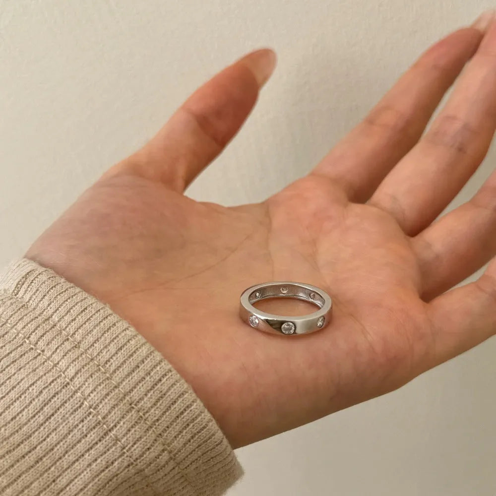 Silver geometric ring with zircon inlay, electroplated white gold colour, women's ring size No 7