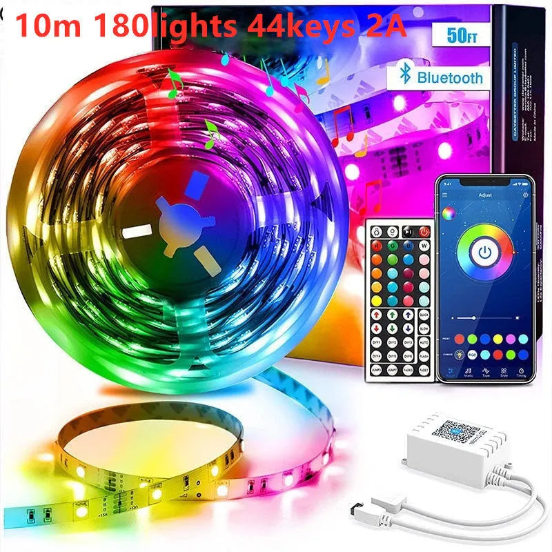 Roll of 5050 RGB LED light strip with 44-key Bluetooth remote controller on a white background.