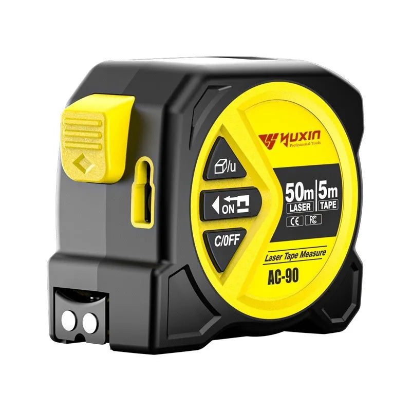 Three-in-one laser tape measure with 50m range, ABS TPR body, and rechargeable lithium battery