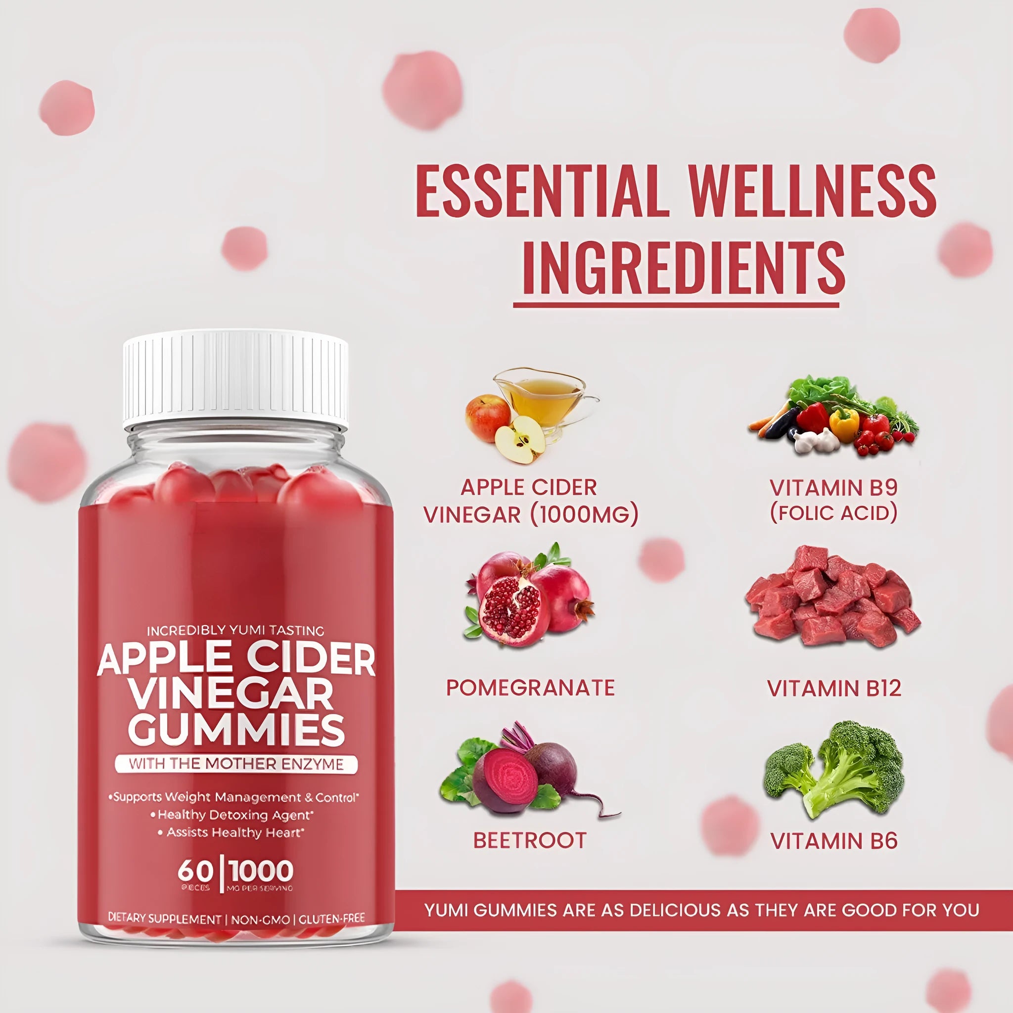 Bottle of apple cider vinegar gummy supplements containing 60 tablets for adult use