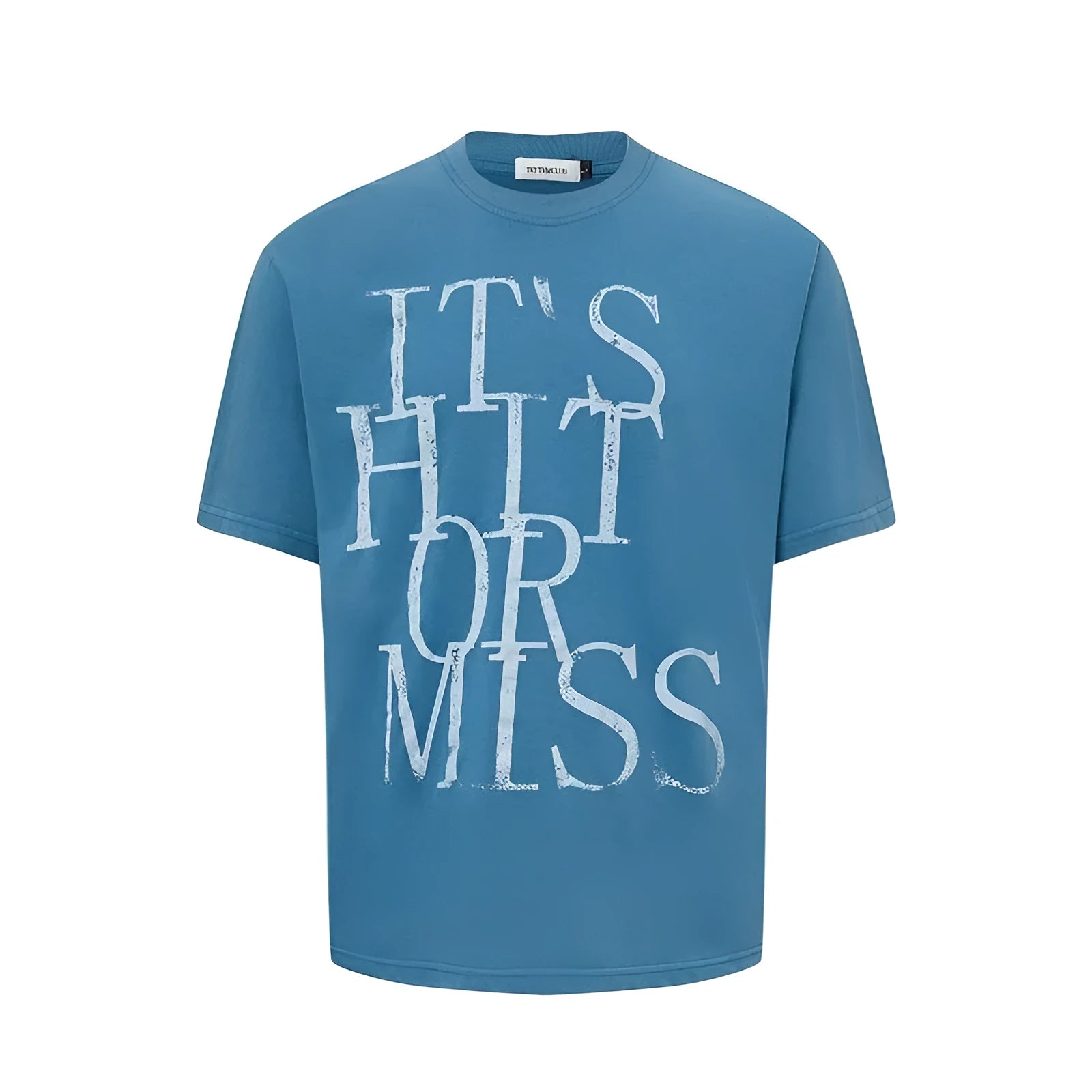 Men's blue American-style t-shirt with white letter print across chest