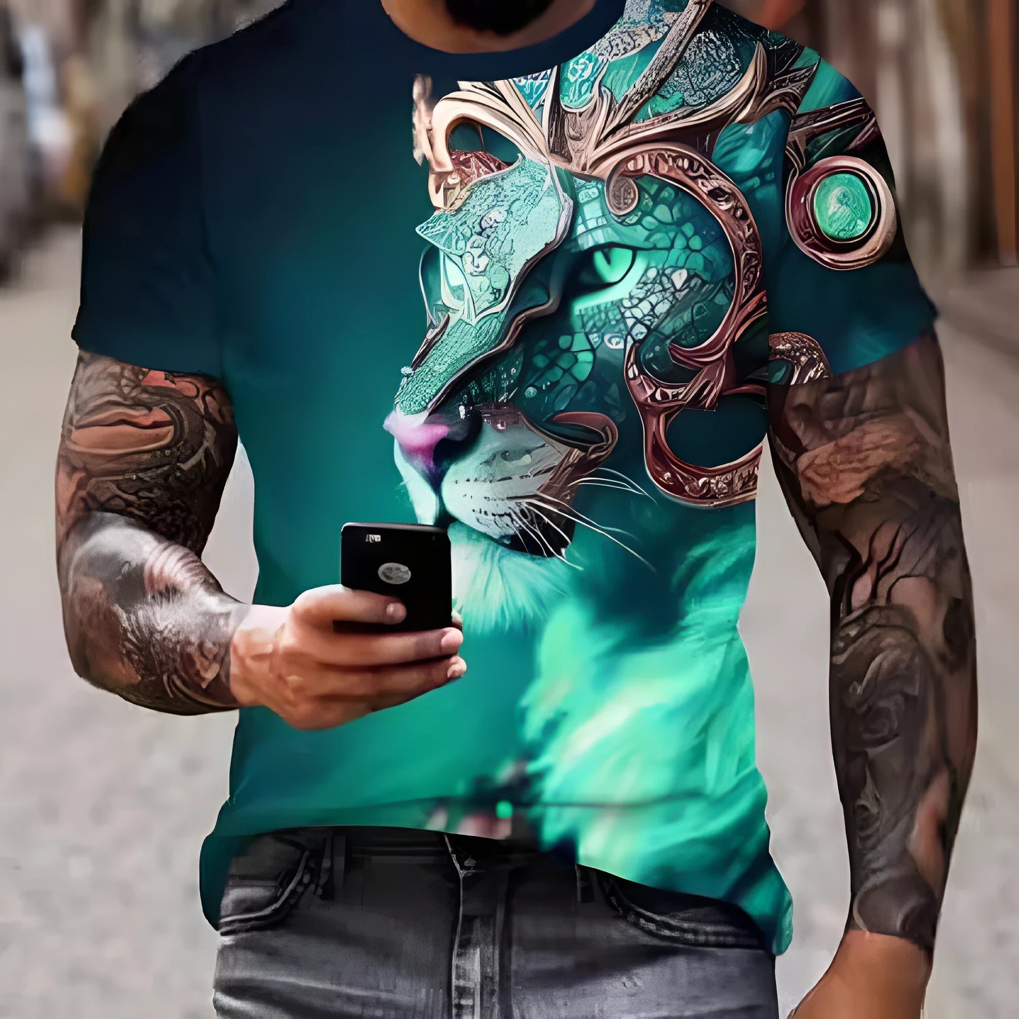 Men's 3D lion printed polyester t-shirt showing detailed graphic design on front