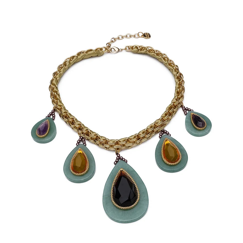 Peacock green agate water drop pendant necklace on heavy woven Cuban link chain with copper setting