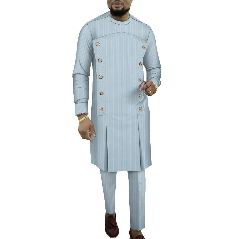 African men's striped robe two-piece set with long sleeve top and matching trousers in cotton fabric