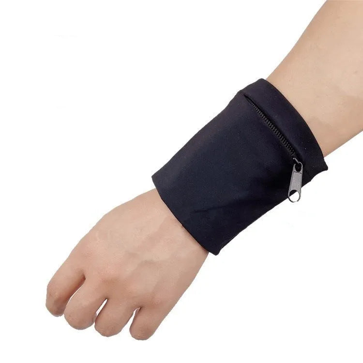 Black waterproof polyester wrist armband sleeve for mobile phone, shown on a forearm.